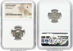 Ancients Roman Imperial Titus, as Augustus (AD 79-81). AR denarius (18mm, 5h). NGC Fine. Rome, after July 1 AD 79. IMP TITVS CAES VESPASIAN AVG P M, laureate head of Titus right / TR P VIIII IMP XIIII