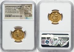 Ancients Roman Imperial Theodosius II, Eastern Roman Empire (AD 402-450). AV solidus (20mm, 4.48 gm, 7h). NGC Choice MS 5/5 - 4/5, adjusted flan. Constantinople, 8th officina, AD 430-440. D N THEODO-S