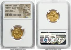 Ancients Byzantine Justinian II Rhinotmetus, Second Reign (AD 705-711). AV solidus (19mm, 4.28 gm, 7h). NGC MS 4/5 - 4/5, clipped. Constantinople, AD 705-706. d N IhS ChS RЄX-RЄGNANTIЧM, facing bust o
