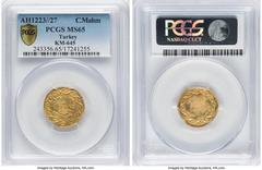 Islamic Dynasties Ottoman Empire Ottoman Empire. Mahmud II gold Cedid Mahmudiye AH 1223 Year 27 (1835/1836) MS65 PCGS, Constantinople mint (in Turkey), KM645, Fr-10. None finer at PCGS. HID05401242017