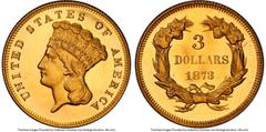 Proof Three Dollar Gold Pieces 1873 $3 Closed 3 PR65+ Cameo PCGS. CAC. JD-3, R.7. Ex: Harry W. Bass, Jr. Collection. The 1873 proof three dollar is certainly one of the more enigmatic issues in the se