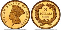 Proof Three Dollar Gold Pieces 1880 $3 PR65 Deep Cameo PCGS. JD-1, Low R.6. Ex: Harry W. Bass, Jr. Collection. The year 1880 saw three dollar circulation strike production fall to only 1,000 coins -- 