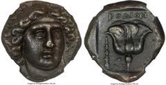 Ancients Greek CARIAN ISLANDS. Rhodes. Ca. 404-385 BC. AR tetradrachm (24mm, 15.01 gm, 12h). NGC Choice XF 5/5 - 3/5, Fine Style. Head of Helios facing, turned slightly right, hair arrayed in radiatin