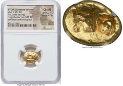 Ancients Greek LYDIAN KINGDOM. Croesus (561-546 BC). AV stater (16mm, 8.04 gm). NGC Choice MS 5/5 - 5/5. Sardes, "light" standard, ca. 550-546 BC. Confronted foreparts of lion right and bull left, bot