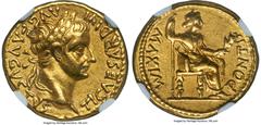 Ancients Roman Imperial Tiberius (AD 14-37). AV aureus (19mm, 7.81 gm, 11h). NGC Choice XF 5/5 - 4/5. Lugdunum, ca. AD 14-17. TI CAESAR DIVI-AVG F AVGVSTVS, laureate head of Tiberius right / PONTIF-MA