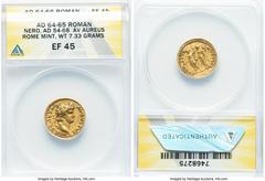 Ancients Roman Imperial Nero, as Augustus (AD 54-68). AV aureus (19mm, 7.33 gm, 5h). ANACS XF 45. Rome, ca. AD 64-66. NERO CAESAR-AVGVSTVS, laureate bust of Nero right / AVGVSTVS-AVGVSTA, Nero (on lef