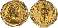 Ancients Roman Imperial Marcus Aurelius, as Augustus (AD 161-180). AV aureus (20mm, 7.31 gm, 11h). NGC Choice MS 5/5 - 4/5, Fine Style. Rome, AD 165. M ANTONINVS AVG-ARMENIACVS, laureate, draped, and 