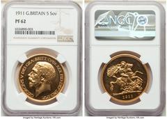 Great Britain George V 12-Piece Certified gold & silver "Long" Proof Set 1911 NGC, 1) gold 5 Pounds - PR62, KM822, S-3994 2) gold 2 Pounds - PR64 Cameo, KM821, S-3995 3) gold Sovereign - PR64 Cameo, K