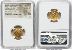 Ancients Greek MACEDONIAN KINGDOM. Philip II (359-336 BC). AV stater (18mm, 8.60 gm, 4h). NGC Choice XF 5/5 - 4/5. Posthumous issue of Pella, under Philip III Arrhidaeus, ca. 323/2-315 BC. Laureate he