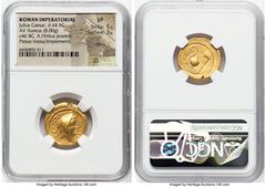 Ancients Roman Republic Julius Caesar, as Consul for the Third Time (46 BC), with Aulus Hirtius, as Praetor. AV aureus (20mm, 8.00 gm, 7h). NGC VF 5/5 - 3/5, marks. Rome, 46 BC. C•CAESAR-COS•TER, veil
