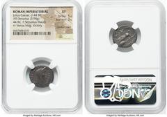 Ancients Roman Republic Julius Caesar, as Dictator Perpetuo (ca. February-March 44 BC), with Publius Sepullius Macer, as Moneyer. AR denarius (18mm, 3.94 gm, 8h). NGC XF 5/5 - 3/5, bankers mark. Rome.