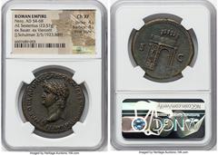 Ancients Roman Imperial Nero, as Augustus (AD 54-68). AE sestertius (24mm, 23.57 gm, 7h). NGC Choice XF 4/5 - 4/5, Fine Style. Rome, AD 64. NERO CLAVDIVS CAESAR AVG GERM P M TR P IMP P P, laureate hea