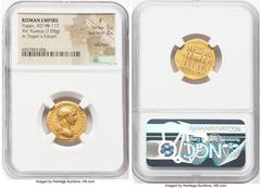 Ancients Roman Imperial Trajan (AD 98-117). AV aureus (19mm, 7.05 gm, 7h). NGC Fine 5/5 - 2/5, brushed. Rome, AD 112-113. IMP TRAIANO AVG GER DAC P M TR P COS VI P P, laureate, draped, cuirassed bust 