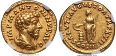 Ancients Roman Imperial Marcus Aurelius, as Augustus (AD 161-180). AV aureus (19mm, 6.87 gm, 5h). NGC Choice VF 5/5 - 2/5, graffito, edge marks. Rome, AD 163. •M•ANTONINVS AVG IMP II, bareheaded, drap