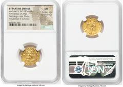 Ancients Byzantine Justinian II, First Reign (AD 685-695). AV solidus (19mm, 4.46 gm, 6h). NGC MS 4/5 - 4/5. Constantinople, 3rd officina, AD 692-695. IhS CRIStDS RЄX-RЄϚNANtIЧM, half-length bust of C