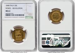 Italy Venice Venice. Revolutionary gold 20 Lire 1848 MS61 NGC, Venice mint, KM806, Pag-176, Gig-1 (R2). Mintage: 5,250. A fleeting one-year type produced by the short-lived independent Venetian govern