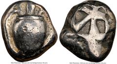 Ancients Greek SARONIC ISLANDS. Aegina. Ca. 525-475 BC. AR stater (18mm, 12.72 gm). NGC VF 3/5 - 3/5, countermark. Sea turtle with heavy collar, seen from above / Mill-sail pattern incuse of five sunk