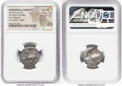 Ancients Greek CORINTHIA. Corinth. Ca. 4th century BC. AR stater (21mm, 8.48 gm, 12h). NGC Choice VF 5/5 - 3/5. Pegasus with pointed wing flying left; Ϙ below / Head of Athena left, wearing laureate C