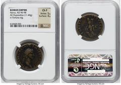 Ancients Roman Imperial Nerva (AD 96-98). AE dupondius (27mm, 11.40 gm, 5h). NGC Choice Fine 5/5 - 4/5. Rome, 96 AD. IMP NERVA CAES AVG • P M TR P COS II P P, radiate head of Nerva right / FORTVNA-AVG