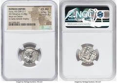 Ancients Roman Imperial Geta, as Caesar (AD 209-211). AR denarius (19mm, 3.28 gm, 1h). NGC Choice AU 5/5 - 4/5. Rome, AD 200-202. P SEPT GETA-CAES PONT, bare headed, draped, and cuirassed bust of Geta