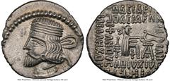 Ancients Greek PARTHIAN KINGDOM. Vardanes I (ca. AD 38-46). AR drachm (19mm, 1h). NGC Choice XF. Ecbatana. Bust of Vardanes I left with short pointed beard, wearing double banded diadem with double lo