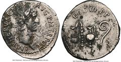 Ancients Roman Imperial Nerva (AD 96-98). AR denarius (19mm, 7h). NGC Choice VF, flan flaw. Rome, AD 97. IMP NERVA CAES-AVG P M TR POT, laureate head of Nerva right / COS III P P, priestly implements: