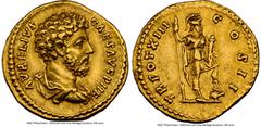 Ancients Roman Imperial Marcus Aurelius, as Caesar (AD 161-180). AV aureus (20mm, 7.25 gm, 6h). NGC XF 5/5 - 4/5. Rome, AD 158-159. AVRELIVS CAES AVG PII F, bareheaded, draped, and cuirassed bust of M