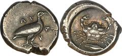 Sicily, Akragas. Ca. 482-472 B.C. AR didrachm, (20 mm, 8.81 g, 5 h). Eagle with folded wings standing right / Crab; below, barley grain. Jenkins grp. IV, 15; SNG ANS 956 (same dies). XF, old collectio