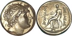 Seleukid Kingdom. Antiochos II Theos. 261-246 B.C. AR tetradrachm, (28 mm, 16.84 g, 11 h). Hellespontine mint, perhaps Lampsakos. Diademed head of Antiochos I right / Apollo seated left on omphalos, t