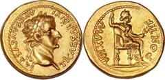 Tiberius. A.D. 14-37. AV aureus, (20 mm, 7.66 g, 10 h). Lugdunum, ca. A.D. 16-37. Laureate head of Tiberius right / Livia, as Pax, seated right, holding olive-branch and scepter; chair with ornate leg