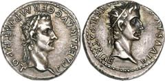 Gaius Caligula, with Divus Augustus. A.D. 37-41. AR denarius, (18 mm, 3.77 g, 9 h). Lugdunum, A.D. 37/8. Laureate head of Gaius Caligula right / Radiate head of Divus Augustus right. RIC 16; BMC 17; R
