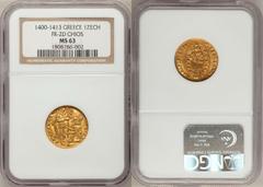Chios. Michele Steno gold Zecchino ND (1400-1413), Friedberg-2d, MS63 NGC, light original patina with extremely sharp details. Scarce type struck in imitation of the Venetian Ducat (Zecchino.)