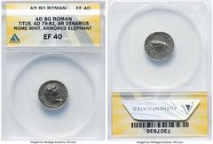 Ancients Roman Imperial Titus, as Augustus (AD 79-81). AR denarius (17mm, 5h). ANACS XF 40. Rome, January-June AD 80. IMP TITVS CAES VESPASIAN AVG P M, laureate head of Titus right / TR P IX IMP XV CO