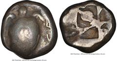 Ancients Greek SARONIC ISLANDS. Aegina. Ca. 525-480 BC. AR stater (18mm, 12.05 gm). NGC VG 4/5 - 4/5. Sea turtle with heavy collar, seen from above / Mill-sail pattern incuse of five sunken compartmen