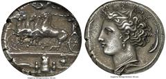 Ancients Greek SICILY. Syracuse. Time of Dionysius I (405-370 BC). AR decadrachm (35mm, 42.96 gm, 5h). NGC Choice XF 3/5 - 5/5, Fine Style. Reverse die signed by Euainetos, ca. 400 BC. Racing quadriga