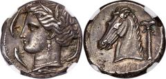 Ancients Greek SICILY. Siculo-Punic. Ca. 320-300 BC. AR tetradrachm (26mm, 17.07 gm, 12h). NGC Choice XF 5/5 - 4/5, Fine Style. Head of Arethusa left, wreathed with reeds, wearing pearl necklace and t