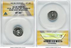 Ancients Roman Imperial Titus, as Augustus (AD 79-81). AR denarius (18mm, 5h). ANACS VF 30, adhesions. Rome, 1 January-30 June AD 80. IMP TITVS CAES VESPASIAN AVG P M, laureate head of Titus right / T