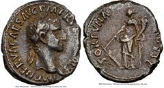 Ancients Roman Imperial Nerva (AD 96-98). AR denarius (18mm, 6h). NGC VF, edge cut. Rome, AD 97. IMP NERVA CAES AVG-P M TR P II COS III P P, laureate head of Nerva right / FORTVNA-AVGVST, Fortuna stan