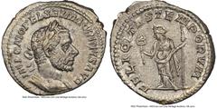 Ancients Roman Imperial Macrinus (AD 217-218). AR denarius (20mm, 10h). NGC AU. Rome. IMP C M OPEL SEV MACRINVS AVG, laureate and cuirassed bust of Macrinus right, with short beard, seen from the fron