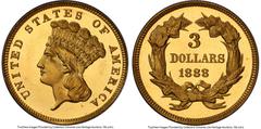 Proof Three Dollar Gold Pieces 1888 $3 PR65+ Deep Cameo PCGS. CAC. JD-1, Low R.4. Ex: Harry W. Bass, Jr. Collection. According to Mint records, the Philadelphia Mint struck 291 proof three dollar gold