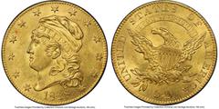 Early Half Eagles 1828/7 $5BD-1, High R.7, MS64 PCGS. Ex: Harry W. Bass, Jr. Collection. Bass-Dannreuther Die State a/c. The 1828/7 half eagle is a prominent rarity within the early U.S. gold series a