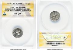 Ancients Roman Republic Julius Caesar, as Dictator (49-44 BC). AR denarius (18mm, 7h). ANACS VF 20, corroded. Military mint traveling with Caesar in North Africa, ca. 48-46 BC. Diademed head of Venus 