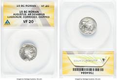 Ancients Roman Imperial Augustus (27 BC-AD 14). AR denarius (19mm, 7h). ANACS VF 20, corroded, chipped. Lugdunum, ca. 15-13 BC. AVGVSTVS-DIVI•F, bare head of Augustus right / IMP•X, bull charging righ