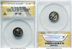 Ancients Roman Imperial Titus, as Augustus (AD 79-81). AR denarius (17mm, 3.2 gm, 4h). ANACS VF 35. Rome, after 1 July AD 79. IMP TITVS CAES VESPASIAN AVG P M, laureate head of Titus right / TR P VIII