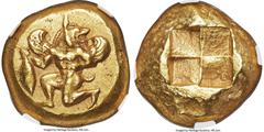 Ancients Greek MYSIA. Cyzicus. Ca. 550-500 BC. EL stater (18mm, 16.19 gm). NGC XF 5/5 - 3/5, Fine Style, graffito, light edge marks. Nude theriocephalic male (Phobos?) kneeling left, with rounded wing