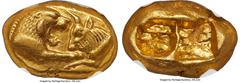 Ancients Greek LYDIAN KINGDOM. Croesus (561-546 BC). AV stater (18mm, 10.75 gm). NGC AU S 5/5 - 4/5. Croeseid "heavy" standard, Sardes, ca. 561-550 BC. Confronted foreparts of lion right and bull left