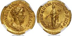 Ancients Roman Imperial Marcus Aurelius, as Augustus (AD 161-180). AV aureus (20mm, 7.25 gm, 5h). NGC MS 5/5 - 3/5, Fine Style. Rome, AD 177-178. M•AVREL•ANTO-NINVS•AVG, laureate, cuirassed bust of Ma