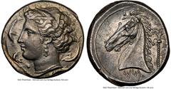 Ancients Greek SICULO-PUNIC. Sicily. Entella. Ca. 320-300 BC. AR tetradrachm (25mm, 16.54 gm, 4h). NGC AU 5/5 - 4/5, Fine Style. Mem Mem issue. Head of Arethusa left, wreathed with reeds, wearing pear