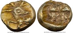 Ancients Greek IONIA. Ephesus. Phanes (ca. 625-600 BC). EL 1/24 stater or myshemihecte (7mm, 0.58 gm). NGC Choice AU 5/5 - 4/5. Forepart of stag left, head reverted / Abstract geometric pattern within