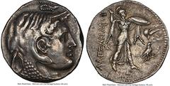 Ancients Greek PTOLEMAIC EGYPT. Ptolemy I Soter, as Satrap (305/4-282 BC). AR stater or tetradrachm (27mm, 15.51 gm, 12h). NGC XF 4/5 - 4/5, overstruck. Alexandria, struck in the name of Alexander III